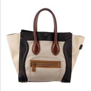 Auth Celine Calfskin Canvas Mini Tricolor Tri-Color Luggage Tote Bag Minimalist